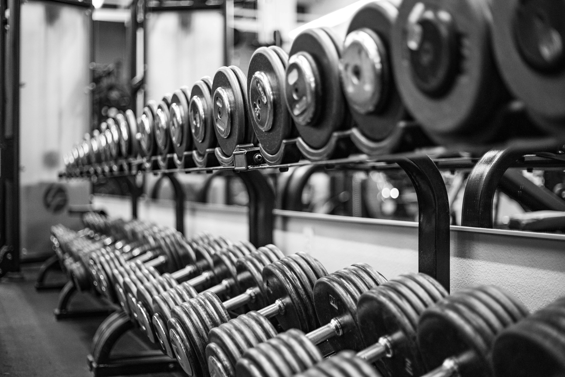 Black and white photo of numerous weights lined up on two rows of racks.